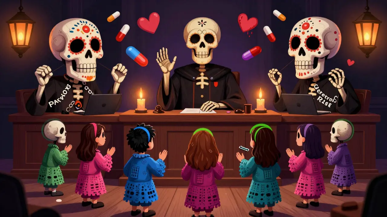 Skeletal judge presiding over platelets in mourning, with high-risk SSRIs as menacing skulls and low-risk ones as calm figures.