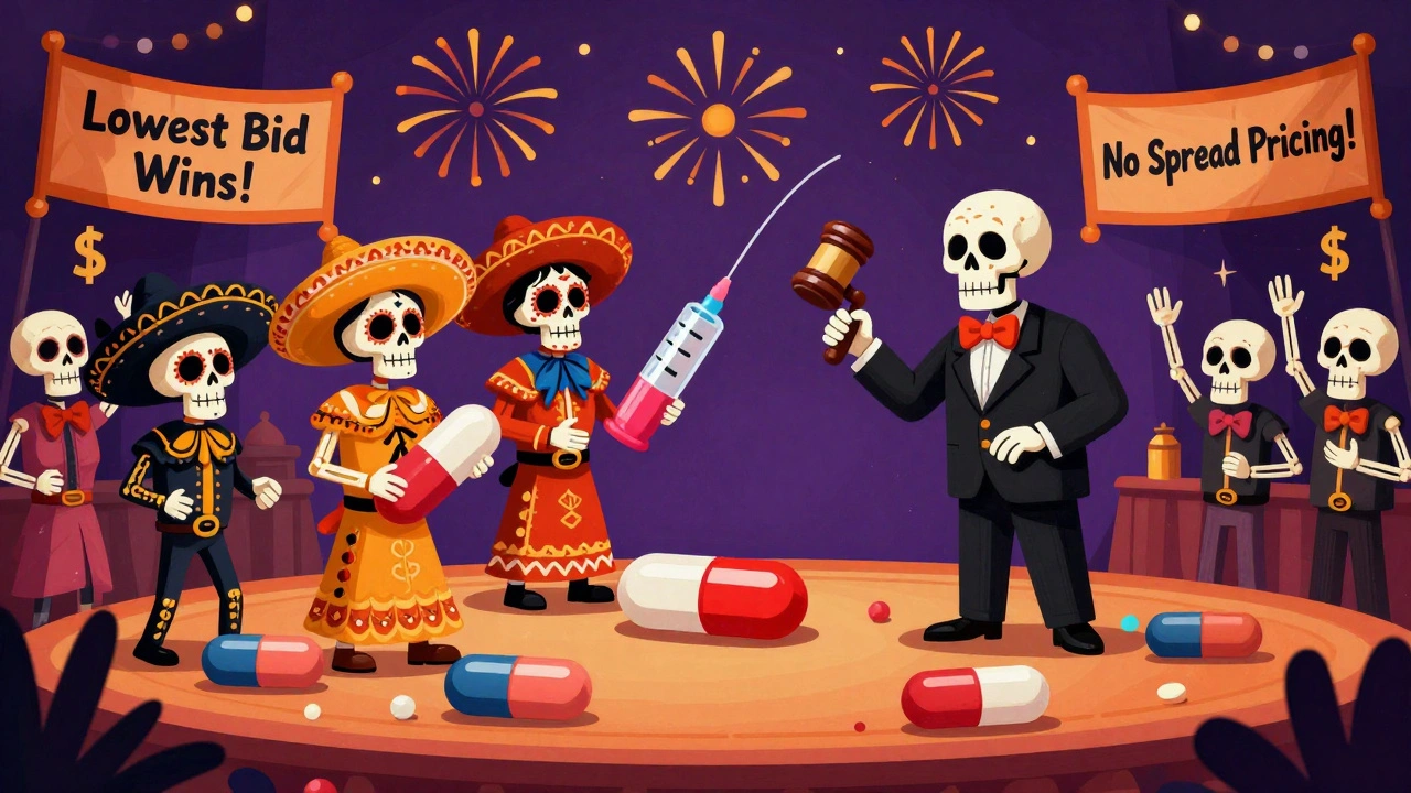 Skeletal manufacturers bidding on pill contracts in vibrant Day of the Dead arena with cheering patient skeletons.