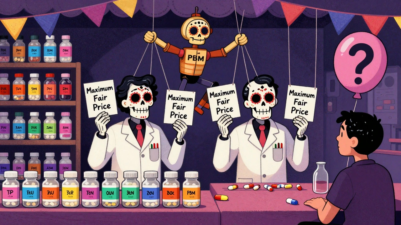 Skeletal pharmacists at a stall with ten pill labels, only two open, as a PBM puppet pulls strings above.