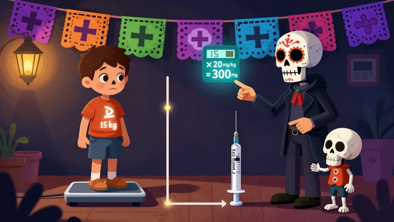 Skeletal scale showing child's weight in kg, calculator displaying math, parent pointing to correct syringe in colorful illustration.