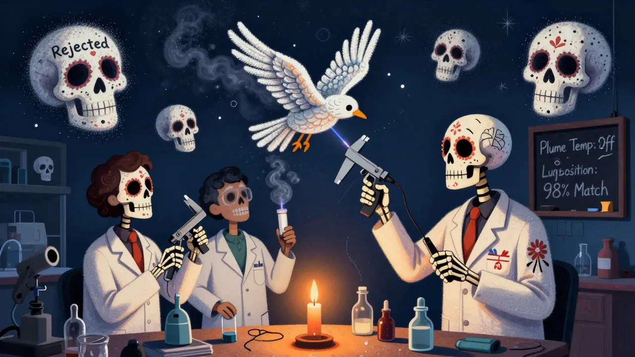 Skeletal scientists measure a plume shaped like a bird, with rejected particle clouds forming crumbling skulls.