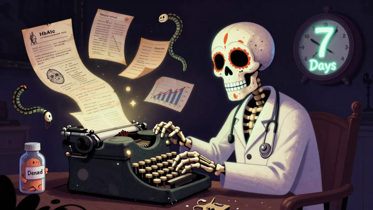 Skeleton doctor typing on a bone typewriter amid medical charts and a ticking clock labeled '7 Days'