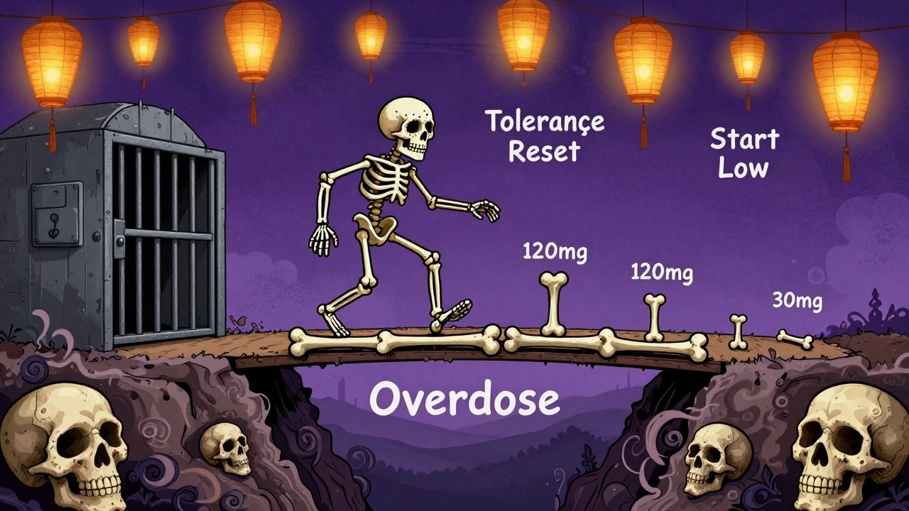 Skeleton returning from prison, stepping down from high dose to safe dose on a bone bridge, avoiding a fentanyl chasm.