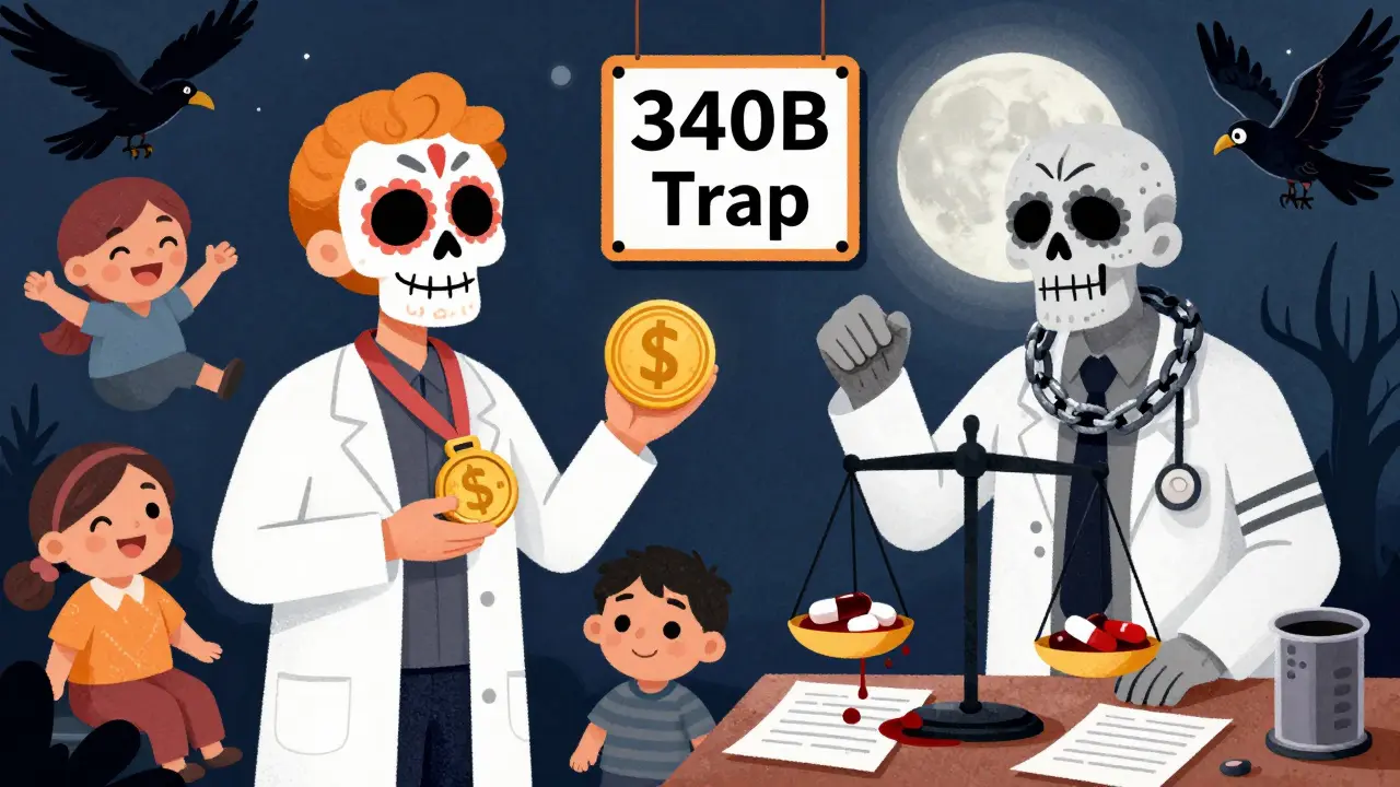 Split illustration of a rewarded doctor versus a burdened one, with brand-name pills dripping blood in a Day of the Dead aesthetic.