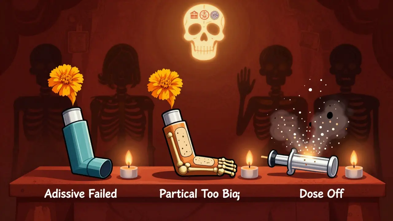 Three generic drugs on an altar with candles, perfect versions glowing beside crumbled failures marked by test failures.