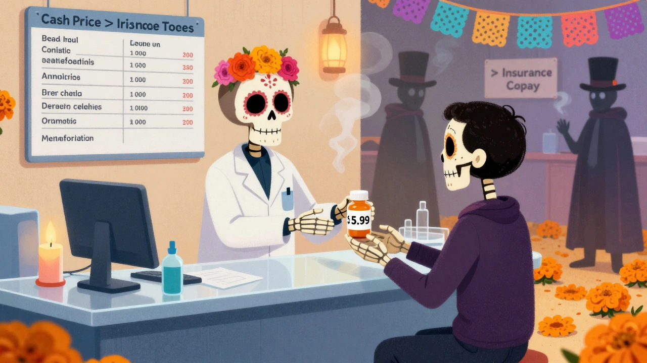 Transparent pharmacy counter with skeleton pharmacist giving .99 metformin to patient, shadowy middlemen fading away.