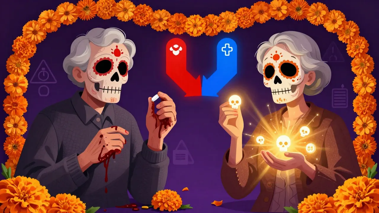 Two elderly patients: one bleeding from NSAID use, the other safe with acetaminophen, framed by marigolds and medical icons.