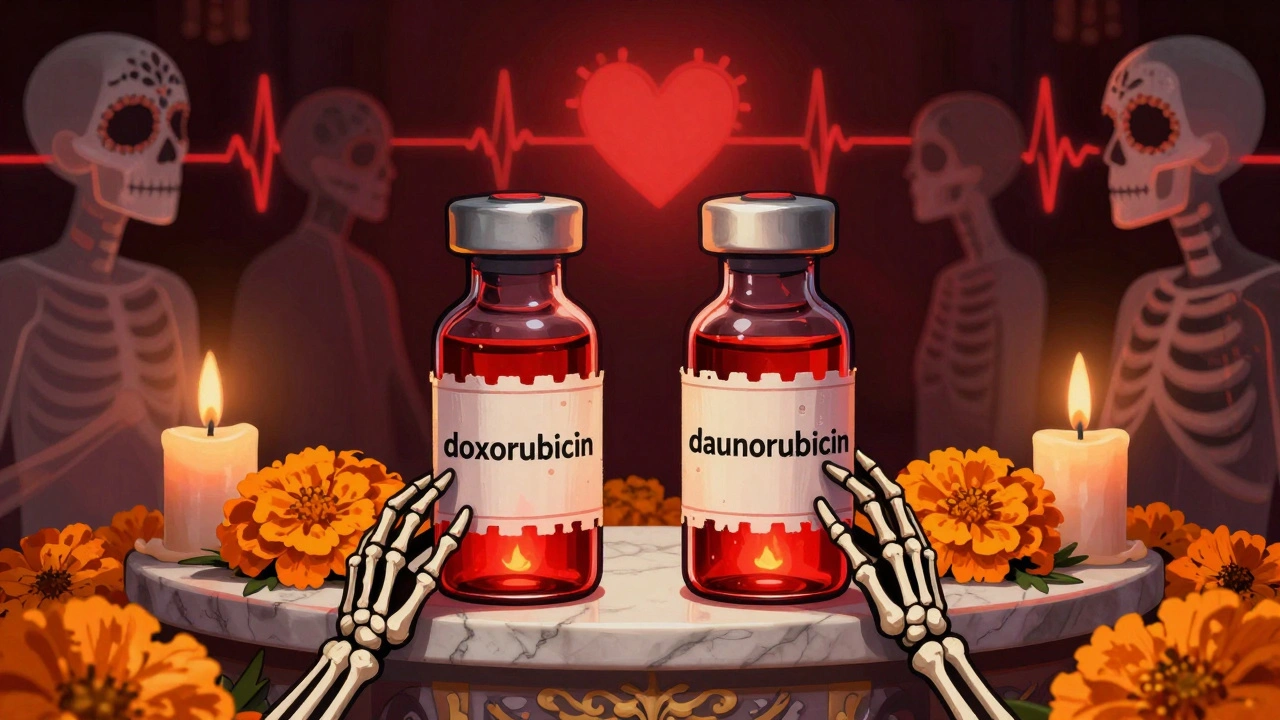 Two glowing red chemotherapy vials on an altar with marigolds, skeletal hands reaching for the wrong one.
