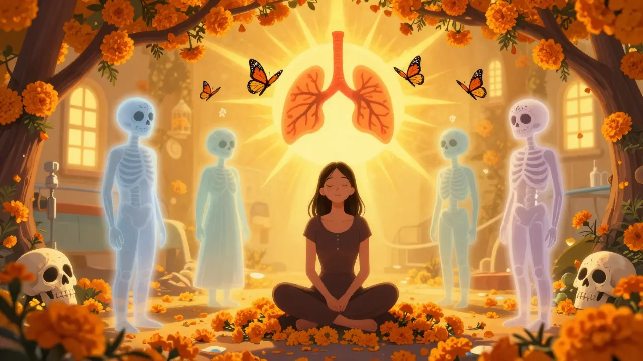 Woman in remission under marigolds, treatment antibodies become butterflies flying toward a thymus sun.