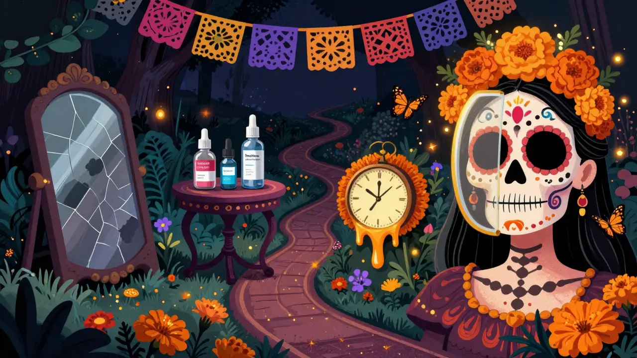 12-week melasma treatment journey through a skeletal garden with sunscreen shield and glowing calavera helmet.