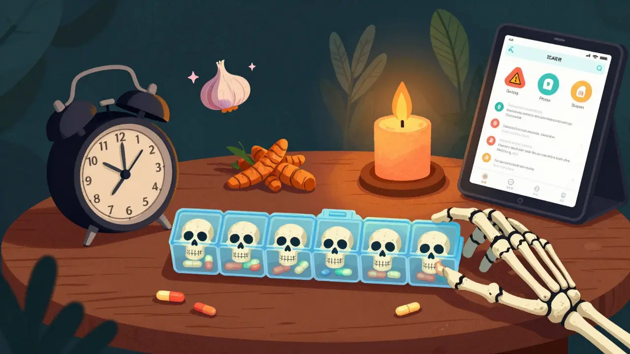 7-day pill organizer shaped like skulls, glowing pills, and alarm clock shaped like a skeleton’s hand.