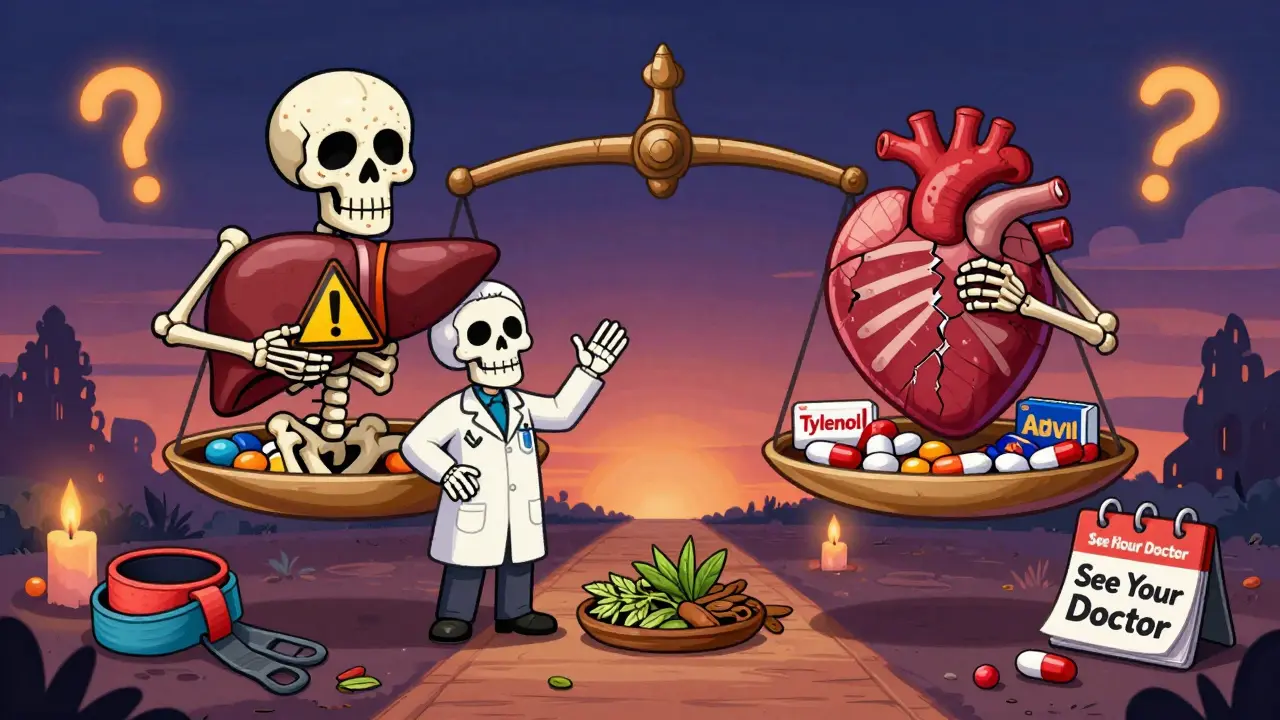 A bone scale weighing liver and heart symbols against pain pills, with a skeleton doctor guiding toward holistic remedies under a candlelit twilight sky.