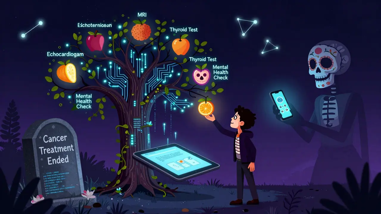 A digital tablet transforms a grave into a fruit-bearing tree of follow-up tests, with a survivor reaching for one as a calavera watches kindly.