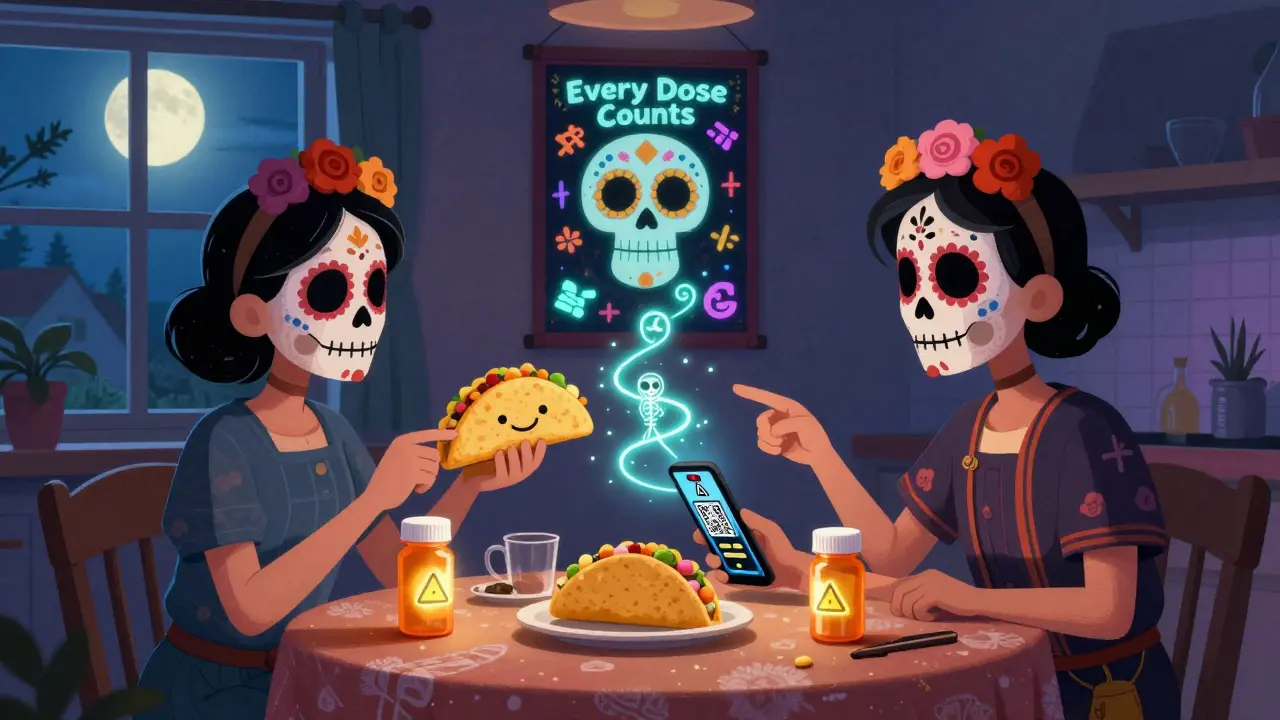 A family at a kitchen table studying pill bottles with glowing symbols, one scanning a QR code that projects an animated skeleton.
