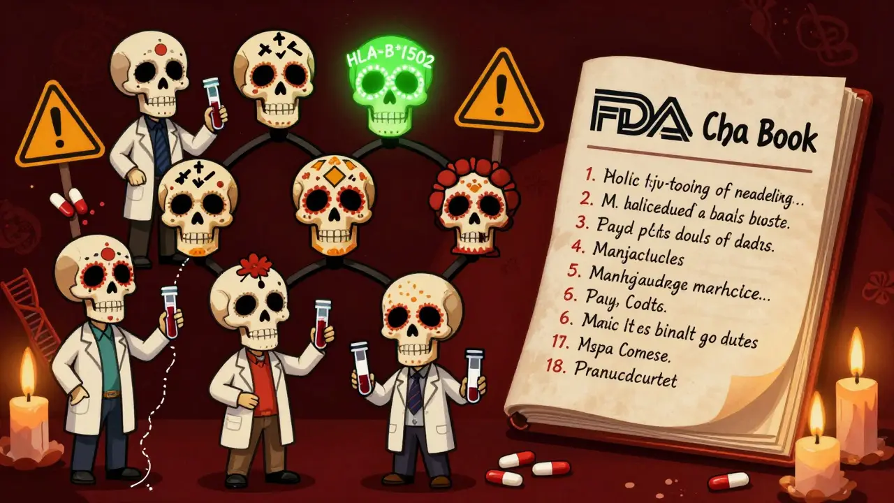 A genetic family tree of skulls, one glowing with HLA-B*1502 warning, beside an open FDA drug list with skeletal calligraphy.
