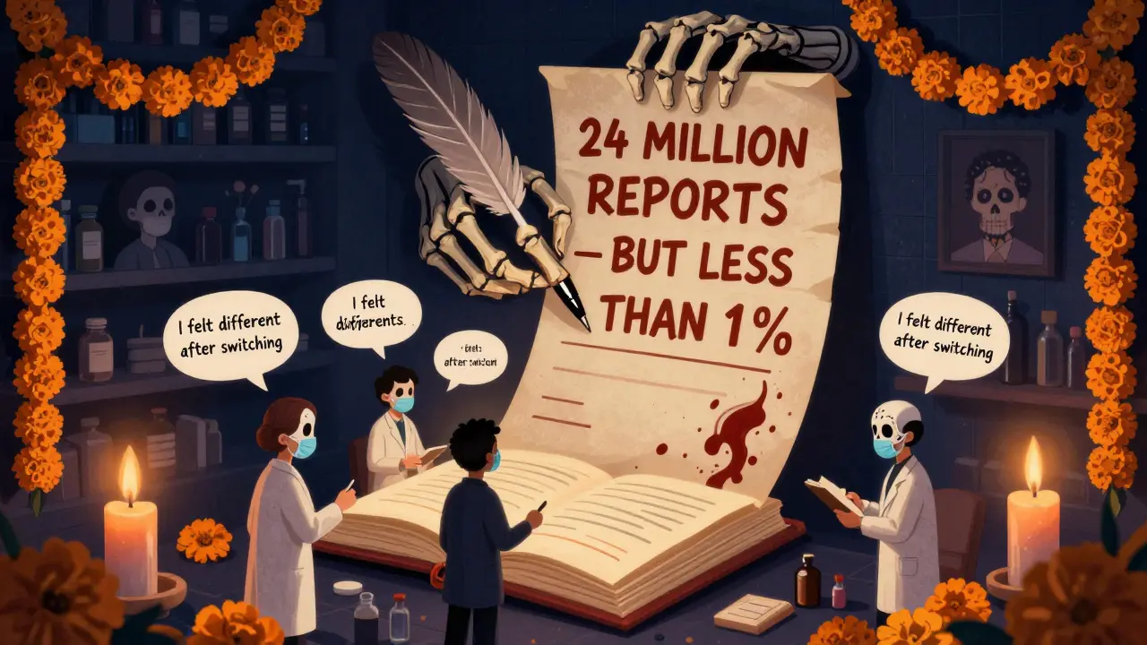 A giant skeletal hand writes on parchment labeled with low reporting stats, while pharmacists stamp reports in a vibrant Day of the Dead-inspired pharmacy mural.