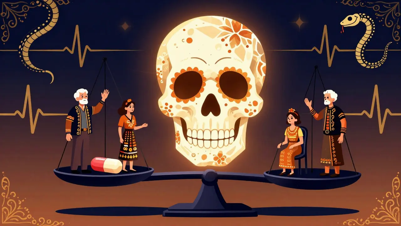A medical scale tips under a Bactrim pill vs. a giant potassium skull, with patient silhouettes and skeletal EKG serpents in the background.