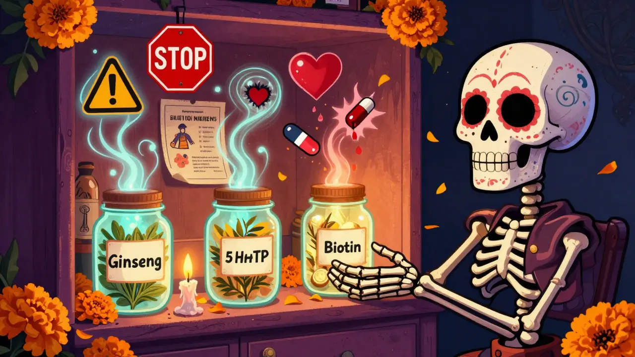 A medicine cabinet overflows with glowing herbal jars, their effects forming warning symbols in the air.