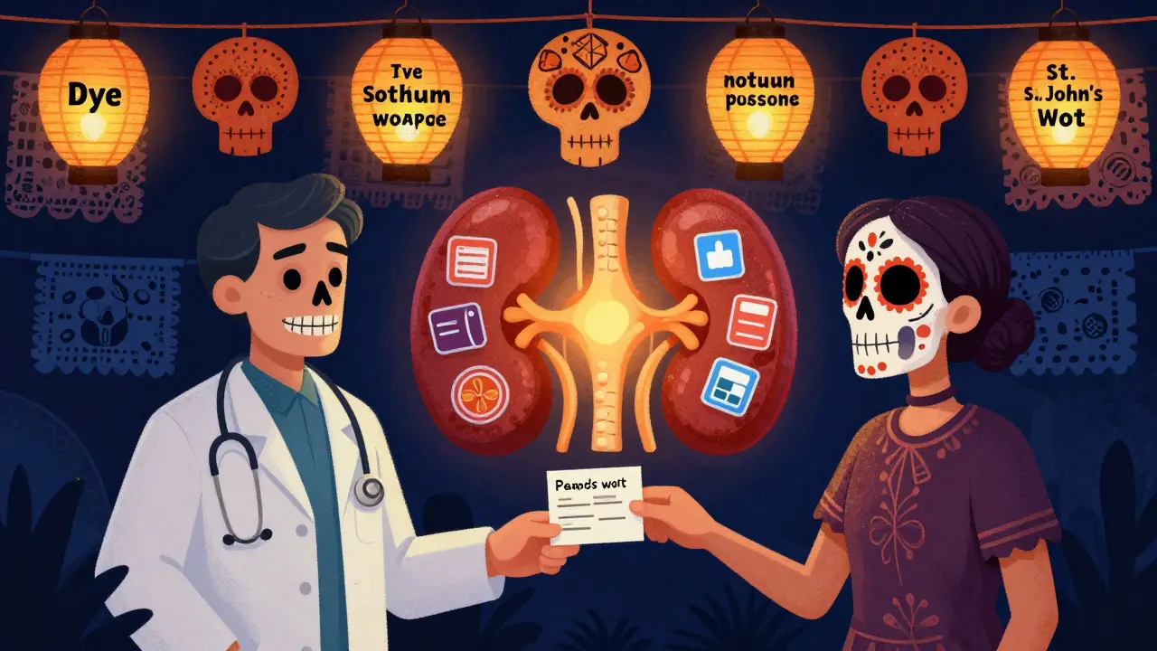 A patient gives a medication card to an ER doctor under floating skeletal lanterns, with a protected kidney glowing behind them.