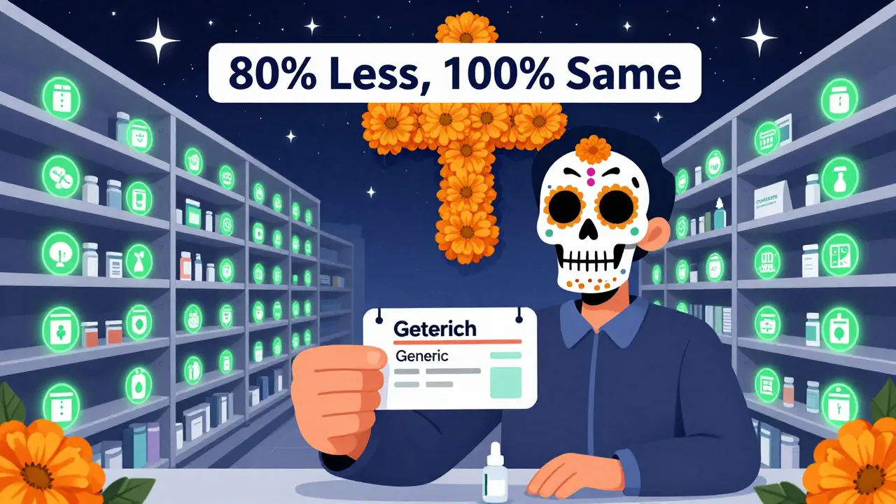 A patient holding a prescription label that becomes a skeletal face, surrounded by glowing drug shelves and marigold stars.