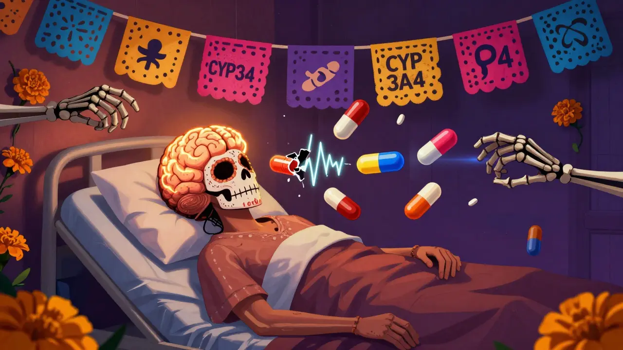 A patient in bed with floating generic pills, one cracking open to release a seizure, surrounded by enzyme symbols and papel picado.