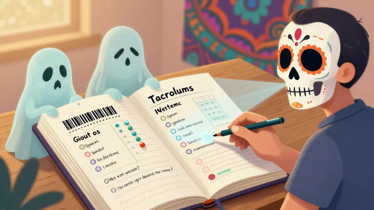 A patient tracks medication with a journal as ghostly drug figures watch, surrounded by vibrant alebrije patterns.