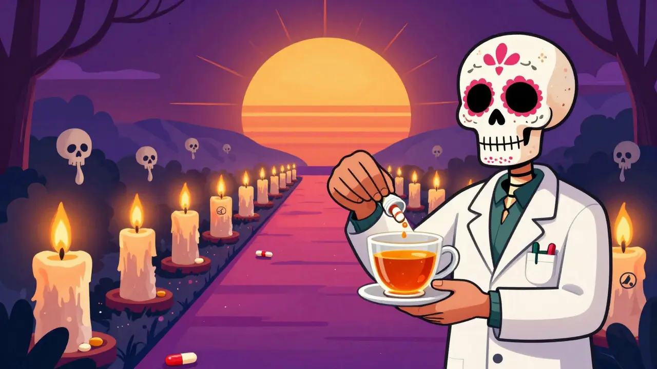 A person returning a pill as a skeleton pharmacist offers tea, with candles symbolizing medications fading into light.