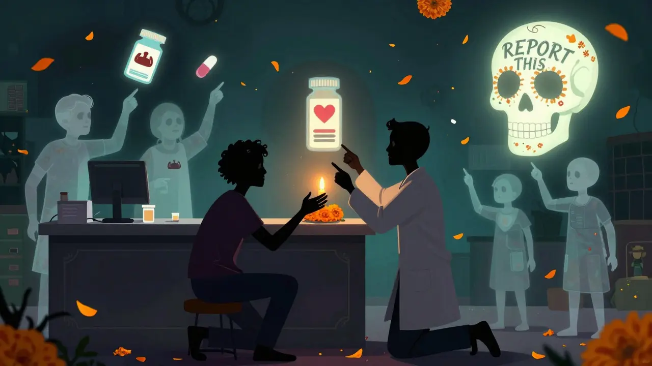 A pharmacist and a patient’s ghost reach for a glowing MedWatch form, surrounded by drifting patients with warning symbols, in a Day of the Dead style.