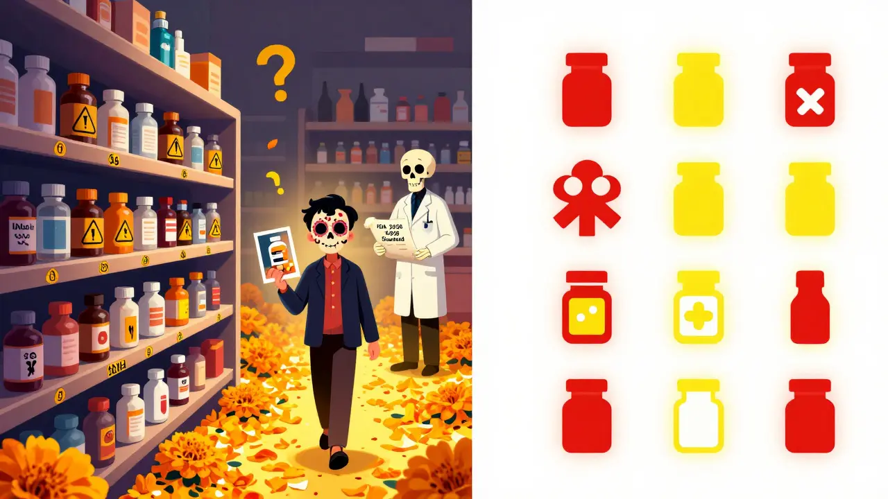 A split scene showing chaotic pharmacy labels transforming into standardized warning icons along a path of marigold petals.
