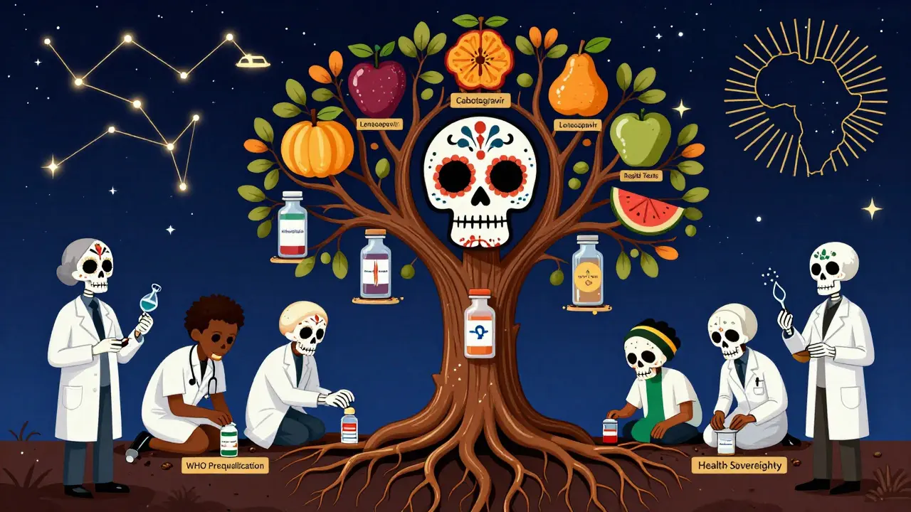 A symbolic tree with drug-shaped roots bears HIV prevention fruits, surrounded by scientists planting seeds of health sovereignty under a starry sky.