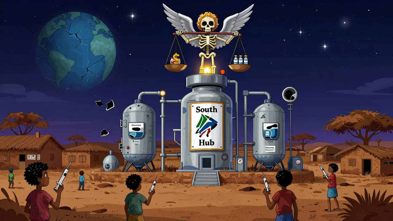 An African village with empty syringes faces a nearly dark vaccine plant, a skeletal angel weighing dollars against vials above.