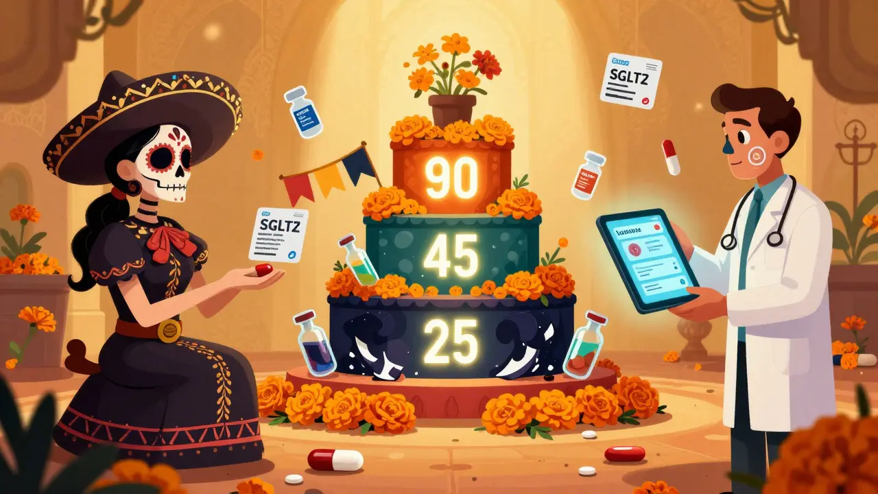 An eGFR altar with three levels shows kidney function stages, flanked by doctors and glowing renal medication icons in Day of the Dead style.