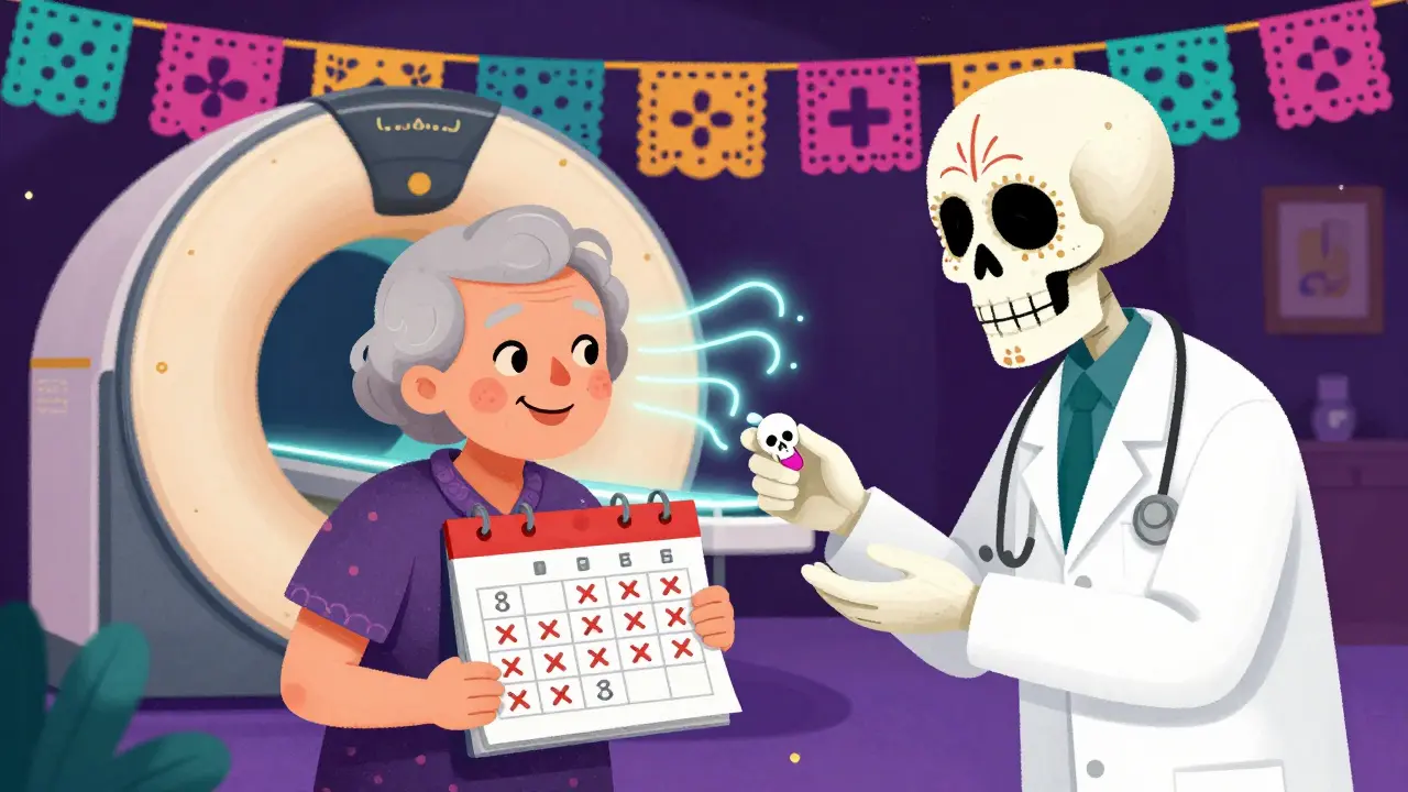An elderly patient receiving a metformin pill from a skeletal doctor, with a calendar for kidney checks and a glowing CT machine.
