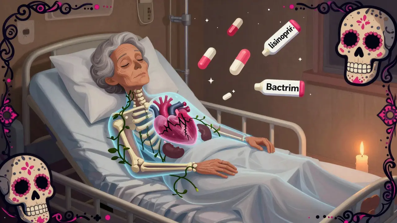An elderly woman’s translucent body shows potassium vines creeping toward her heart, with floating medication pills and sugar skull motifs.