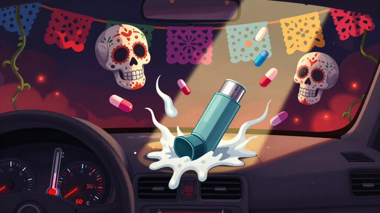 Car interior with melting EpiPen and exploding inhaler, surrounded by sugar-skull pills under intense heat.
