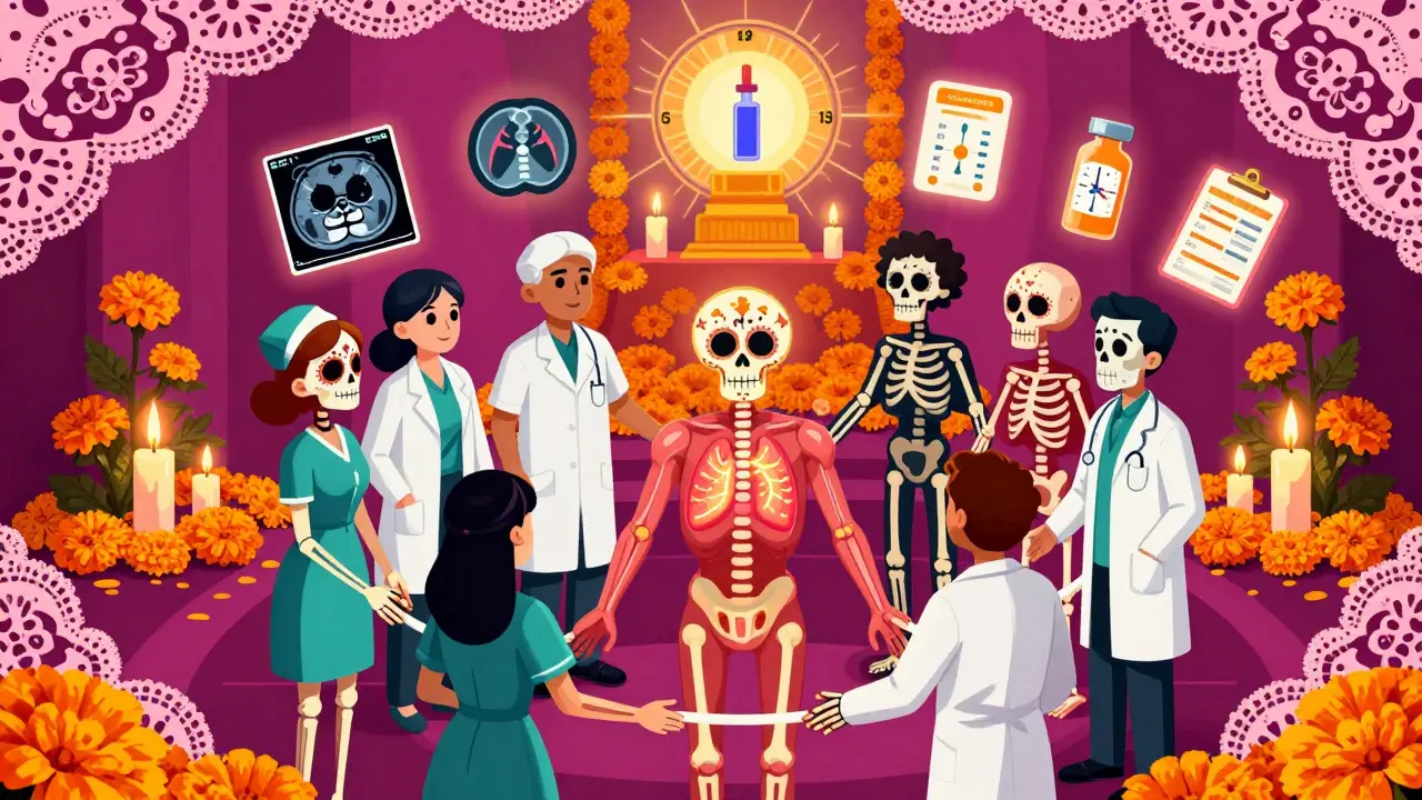 Care team forming a circle around a healed patient, surrounded by medical icons and Day of the Dead altar elements.