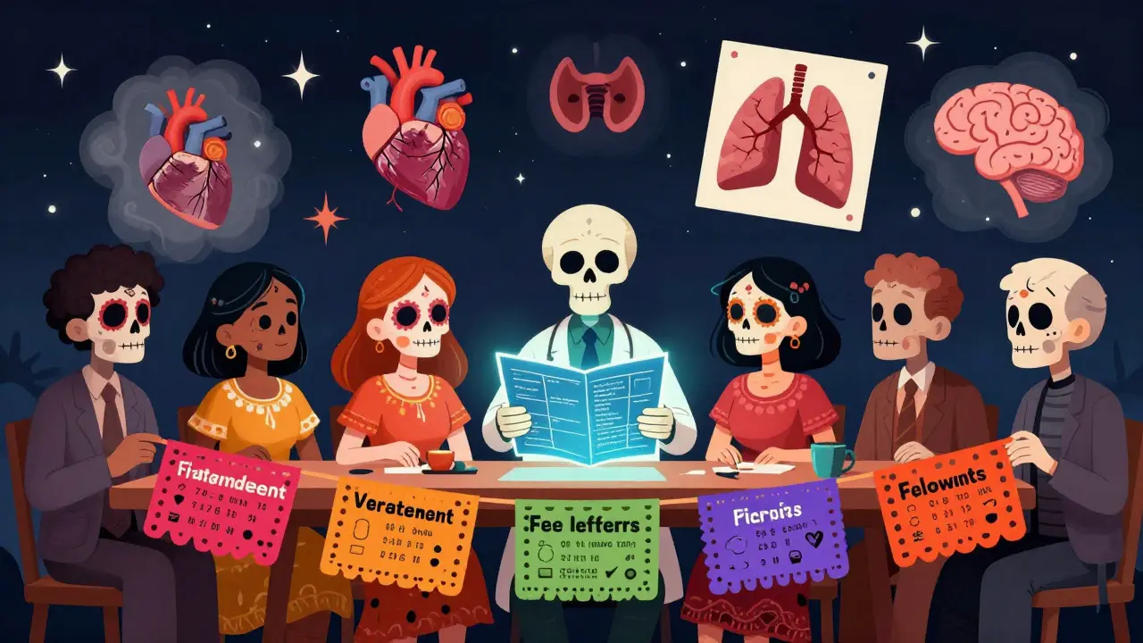 Diverse survivors sit together under stars, each holding personalized banners of their cancer journey, with floating health reminders in Day of the Dead style.