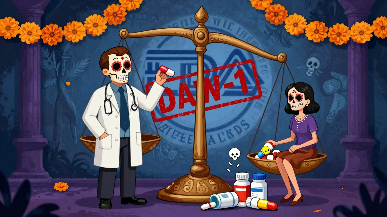 Doctor and patient before a tilted scale balancing brand-name and multiple generic pills, with skeletal motifs and DAW-1 stamp.