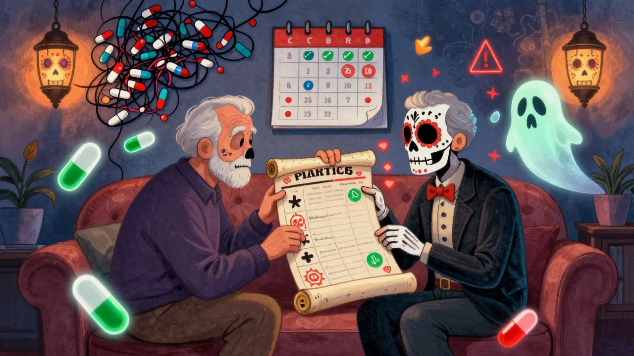 Elderly man and pharmacist reviewing a decorated medication chart with floating warning pills in a Day of the Dead style.