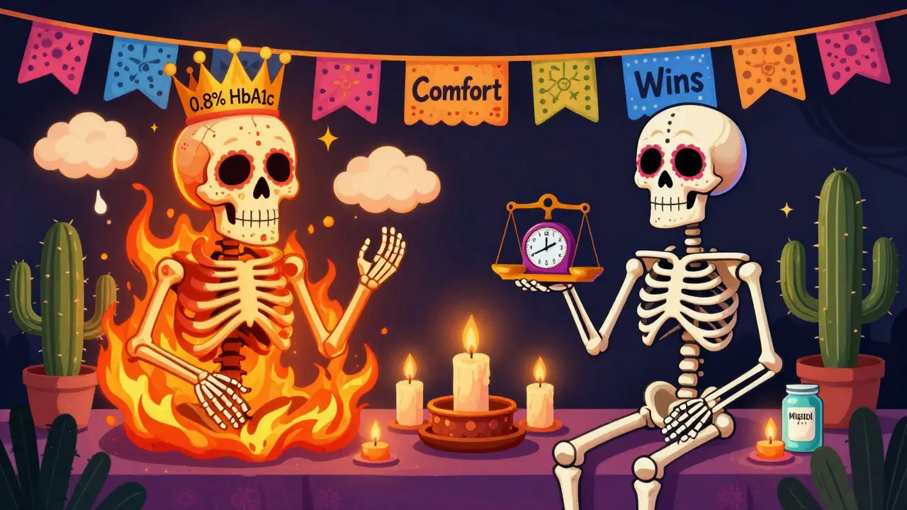 Festive altar comparing acarbose and miglitol as skulls, one fiery and chaotic, the other calm with weight scale and probiotics.