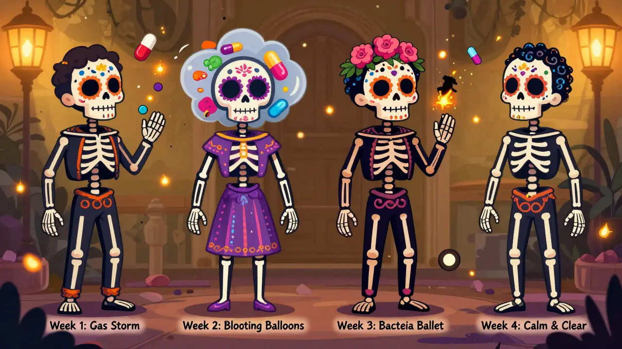 Human turning into a cheerful skeleton over four weeks, with gas stages and probiotic pills as floating fireflies.