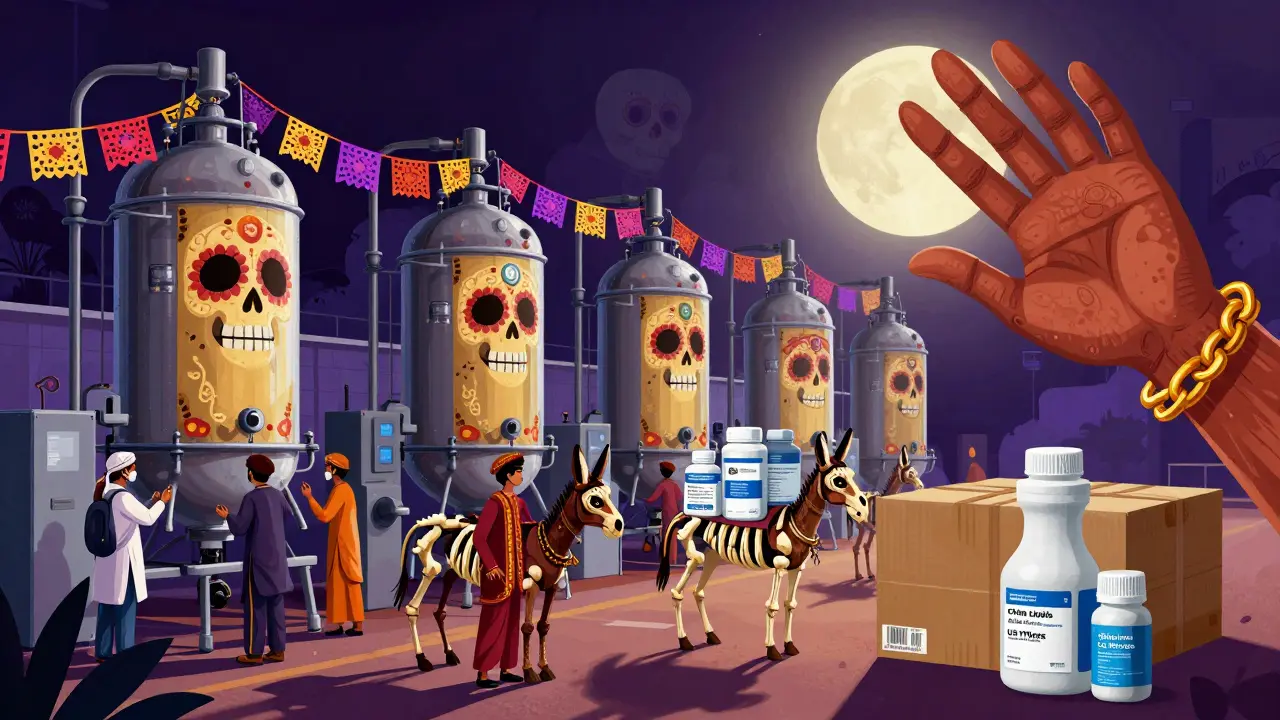 Indian workers operate bone-themed bioreactors as imported materials arrive on donkeys, blocked by a golden chain from afar.