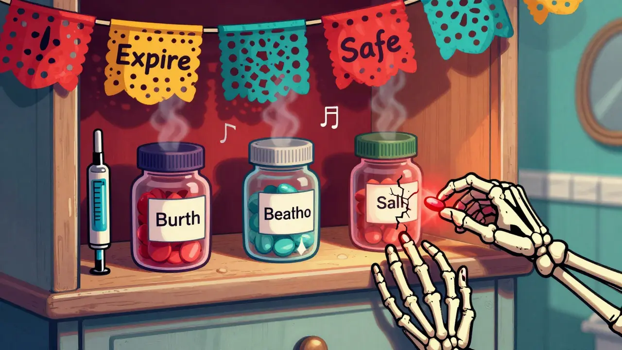 Medicine jars with skeletal hands reaching toward pills, one cracked pill glowing red, bathroom steam in background.
