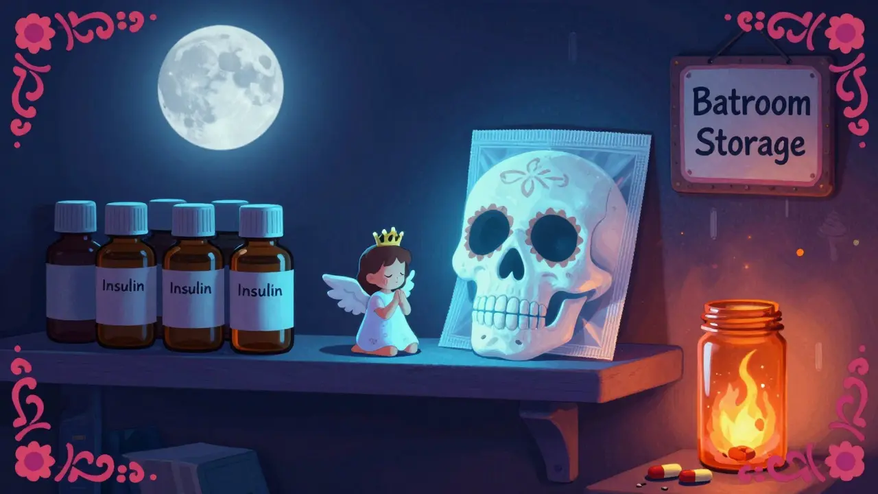 Neatly stored medicine on a shelf beside a glowing desiccant packet, contrasting with a ruined pill bottle.