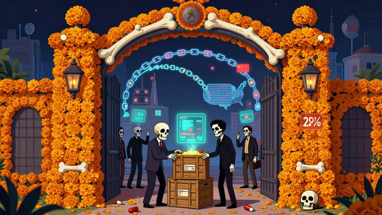 Ornate port gate where only a few drug crates are inspected, with digital risk scores and blockchain links glowing in the background.