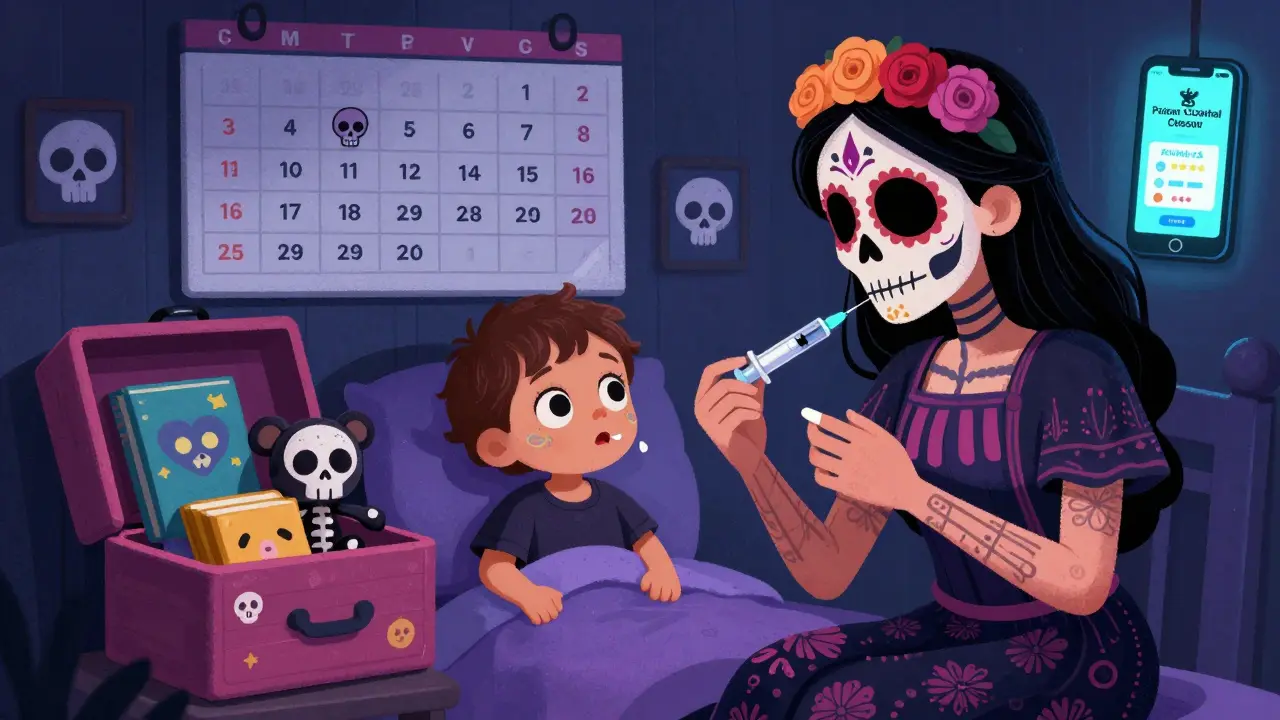 Parent administering medicine with a dosing syringe as a child watches, surrounded by safe toys and a calendar marked with safety check stickers.