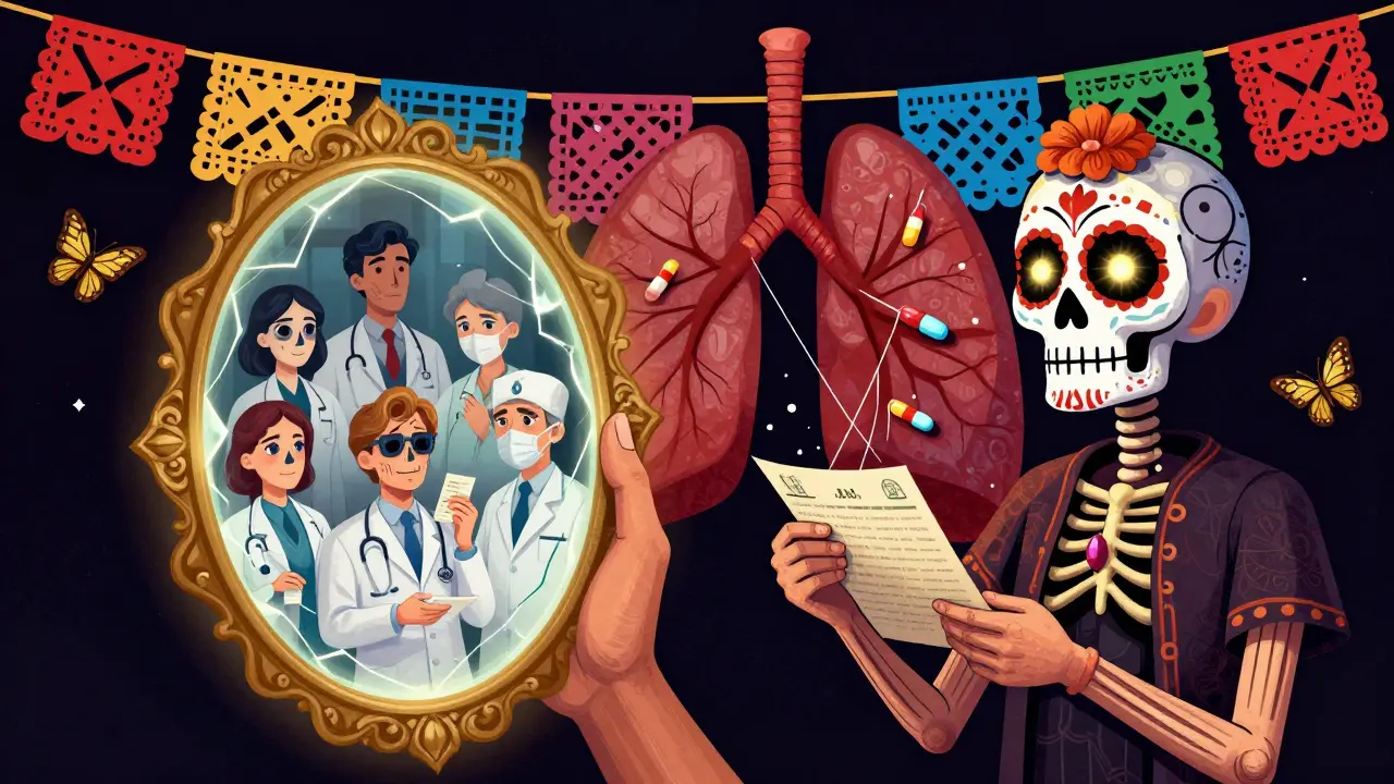 Patient holding a fractured mirror reflecting five specialists, with a scarred lung being mended by colorful medication banners.