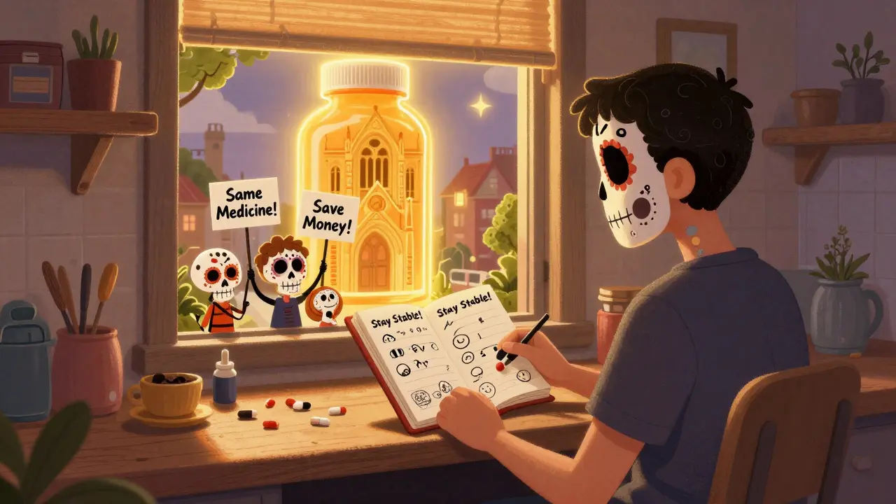 Patient holding a pill diary with skeletal doodles, surrounded by cheerful sugar-skull figures.
