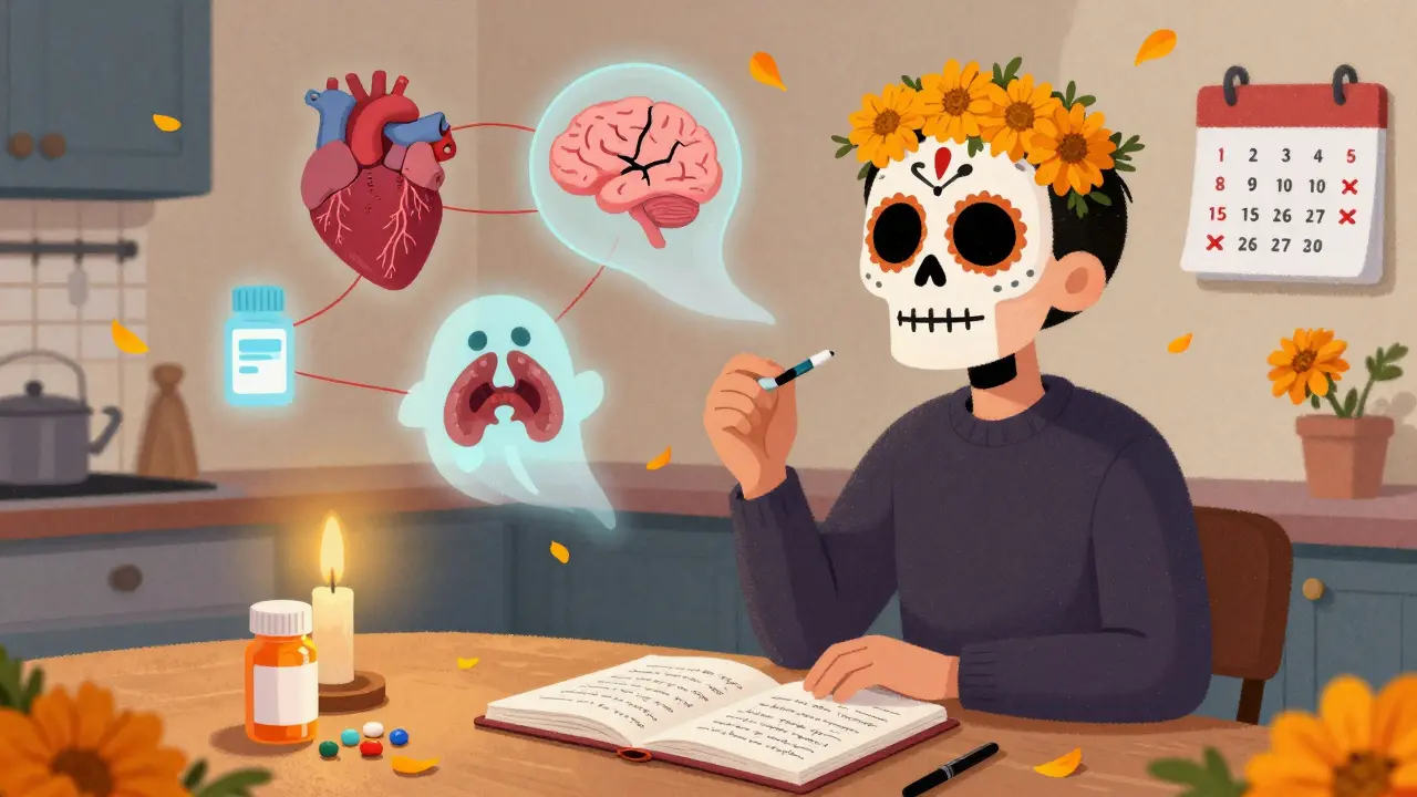 Patient with symptom journal and floating health icons connected to generic pill labels, surrounded by marigold petals.