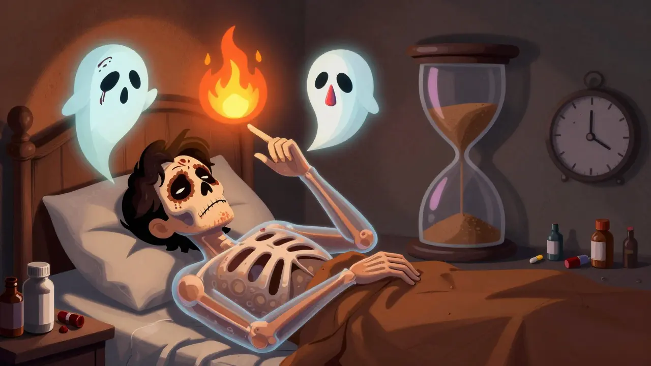 Patient with translucent skin showing empty marrow, ghostly symptoms rising as spirit orbs, shadows forming a draining hourglass and broken vial.